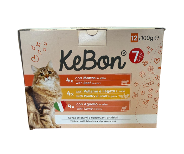 7 DAYS KEBON CAT WET FOOD POUCHES POULTRY/BEEF/ AND LAMB IN GRAVY X 12