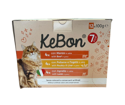 7 DAYS KEBON CAT WET FOOD POUCHES POULTRY/BEEF/ AND LAMB IN GRAVY X 12